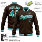 Personalized Teal-White Brown Varsity Letterman Bomber Jacket Full-Snap Personalized Brown Teal-White Bomber Full-Snap Varsity