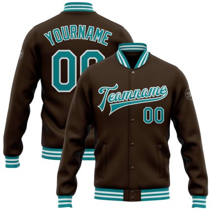 Personalized Teal-White Brown Varsity Letterman Bomber Jacket Full-Snap Personalized Brown Teal-White Bomber Full-Snap Varsity