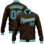 Custom Team Name and Number Brown Teal-White Varsity Bomber Jacket Full-Snap Letterman Personalized Brown Teal-White Bomber