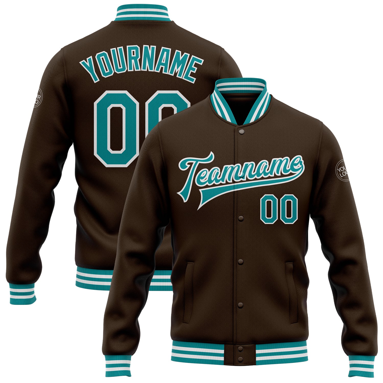 Custom Team Name and Number Brown Teal-White Varsity Bomber Jacket Full-Snap Letterman Personalized Brown Teal-White Bomber