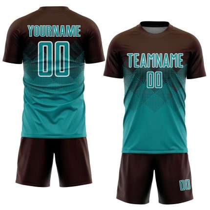 Custom Soccer Uniform Jersey - Brown Teal and White Sublimation Design Personalized Brown Teal-White Sublimation Soccer Uniform