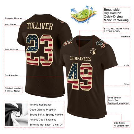 Custom Name and Number Vintage USA Flag Football Jersey - Personalized Brown Cream Mesh Team Apparel Personalized Brown Vintage