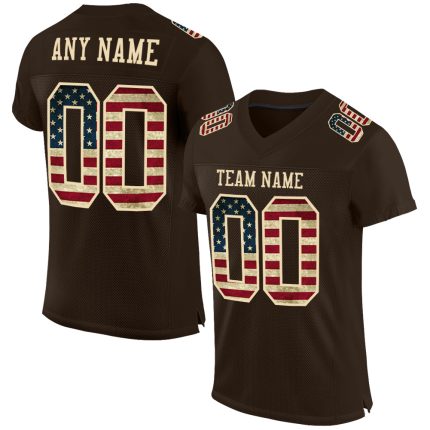 Custom Name and Number Vintage USA Flag Football Jersey - Personalized Brown Cream Mesh Team Apparel Personalized Brown Vintage