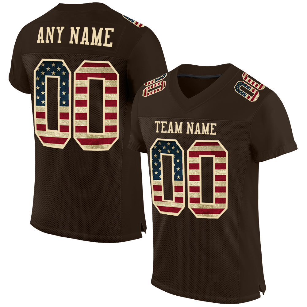 Custom Name and Number Vintage USA Flag Football Jersey - Personalized Brown Cream Mesh Team Apparel Personalized Brown Vintage
