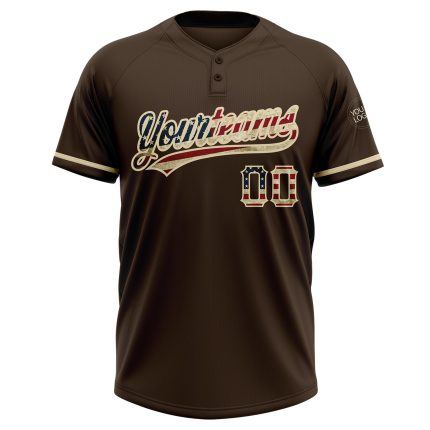 Personalized Vintage USA Flag Softball Jersey - Custom Name & Number, Cream Two-Button Unisex Team Apparel Personalized Brown