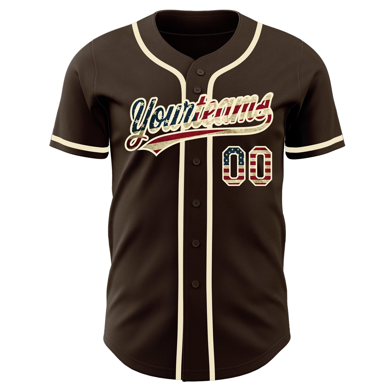 Personalized Brown Vintage USA Flag-Cream Authentic Baseball Jersey Team Custom Name and Number Custom Name and Number Vintage USA Flag Cream Baseball Jersey - Personalized Authentic Team Jersey Personalized Brown Vintage - Image 2