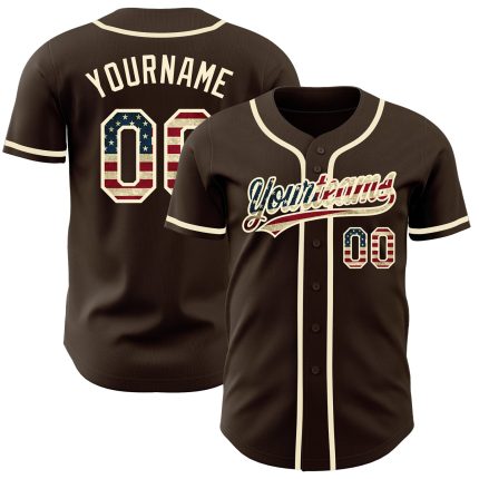 Personalized Vintage USA Flag Baseball Jersey - Brown Cream Design Personalized Brown Vintage USA Flag-Cream Baseball Jersey