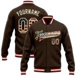 Personalized Vintage USA Flag Bomber Jacket in Cream and Maroon - Full-Snap Varsity Letterman Jacket Personalized Brown Vintage