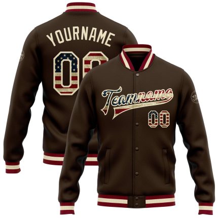 Personalized Vintage USA Flag Bomber Jacket in Cream and Maroon - Full-Snap Varsity Letterman Jacket Personalized Brown Vintage