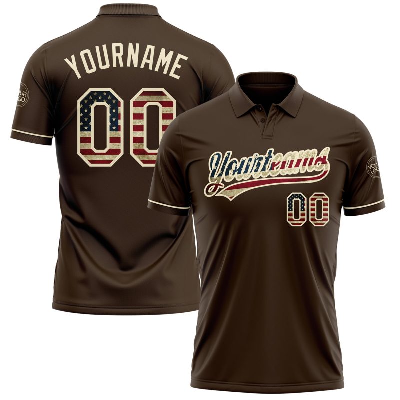 Personalized Vintage USA Flag Cream Performance Golf Polo Shirt - Brown Personalized Brown Vintage USA Flag-Cream Performance