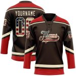 Personalized Vintage USA Flag Hockey Jersey with Cream-Red Lace Neck Personalized Brown Vintage USA Flag Cream-Red Hockey
