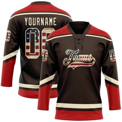 Personalized Vintage USA Flag Hockey Jersey with Custom Name and Number, Cream-Red Lace Neck Design Personalized Brown Vintage