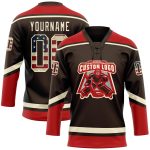 Personalized Vintage USA Flag Hockey Jersey with Cream-Red Lace Neck Personalized Brown Vintage USA Flag Cream-Red Hockey