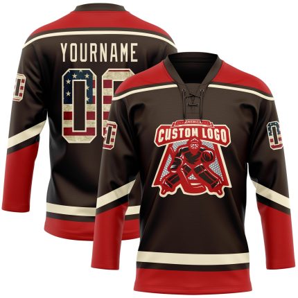 Personalized Vintage USA Flag Hockey Jersey with Cream-Red Lace Neck Personalized Brown Vintage USA Flag Cream-Red Hockey