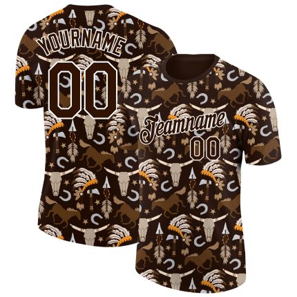 Personalized Cowboy Performance T-Shirt with Custom Name & Number | 3D Brown White Pattern Design Personalized Brown White