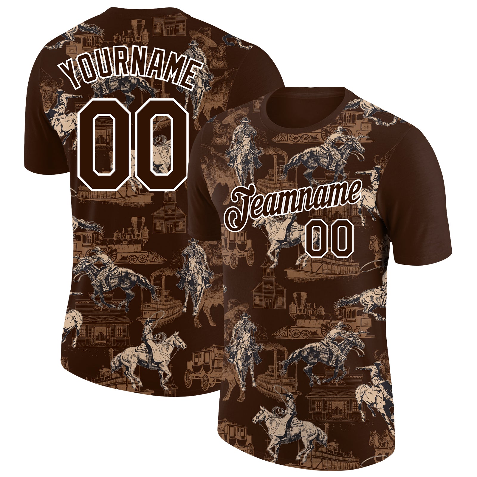 Custom Name and Number Cowboy Rodeo Performance T-Shirt - Personalized 3D Brown White Pattern Design Personalized Brown White