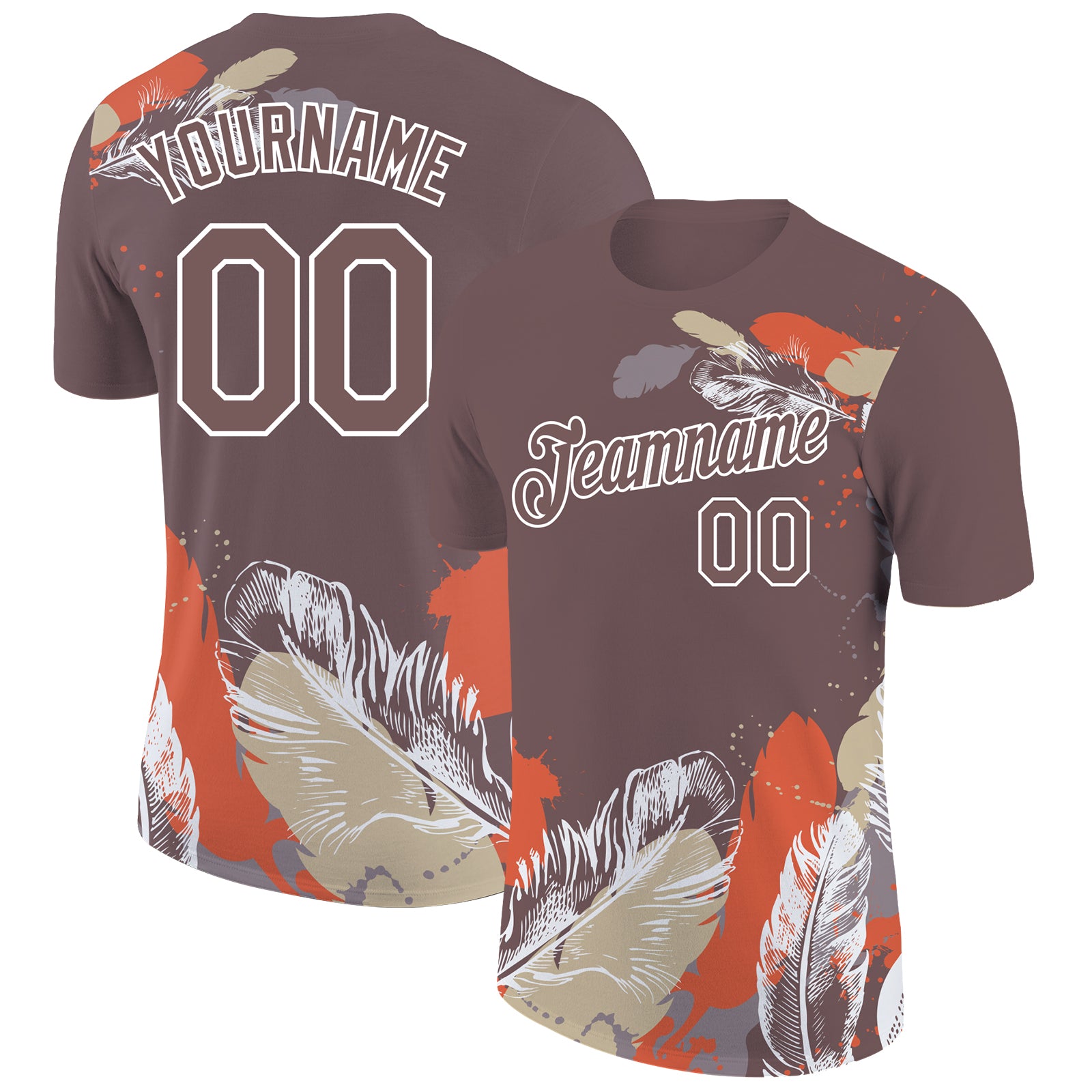 Custom Name and Number 3D Pattern Feather Performance T-Shirt - Personalized Team Apparel in Brown and White Personalized