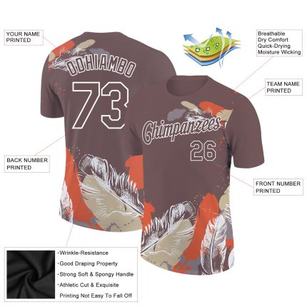 Custom Name and Number 3D Pattern Feather Performance T-Shirt - Personalized Team Apparel in Brown and White Personalized