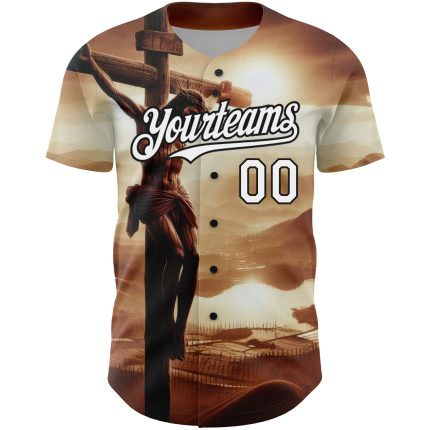 Personalized Jesus Christ Religion Cross Baseball Jersey - Custom Name & Number, Brown White-Black 3D Pattern Design for Good Friday