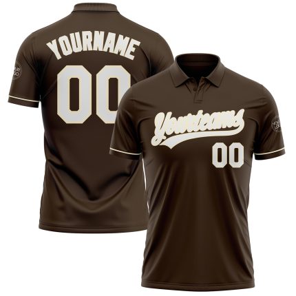 Custom Team Name Number Vapor Golf Polo Shirt - Personalized Brown White-Cream Performance Personalized Brown White-Cream