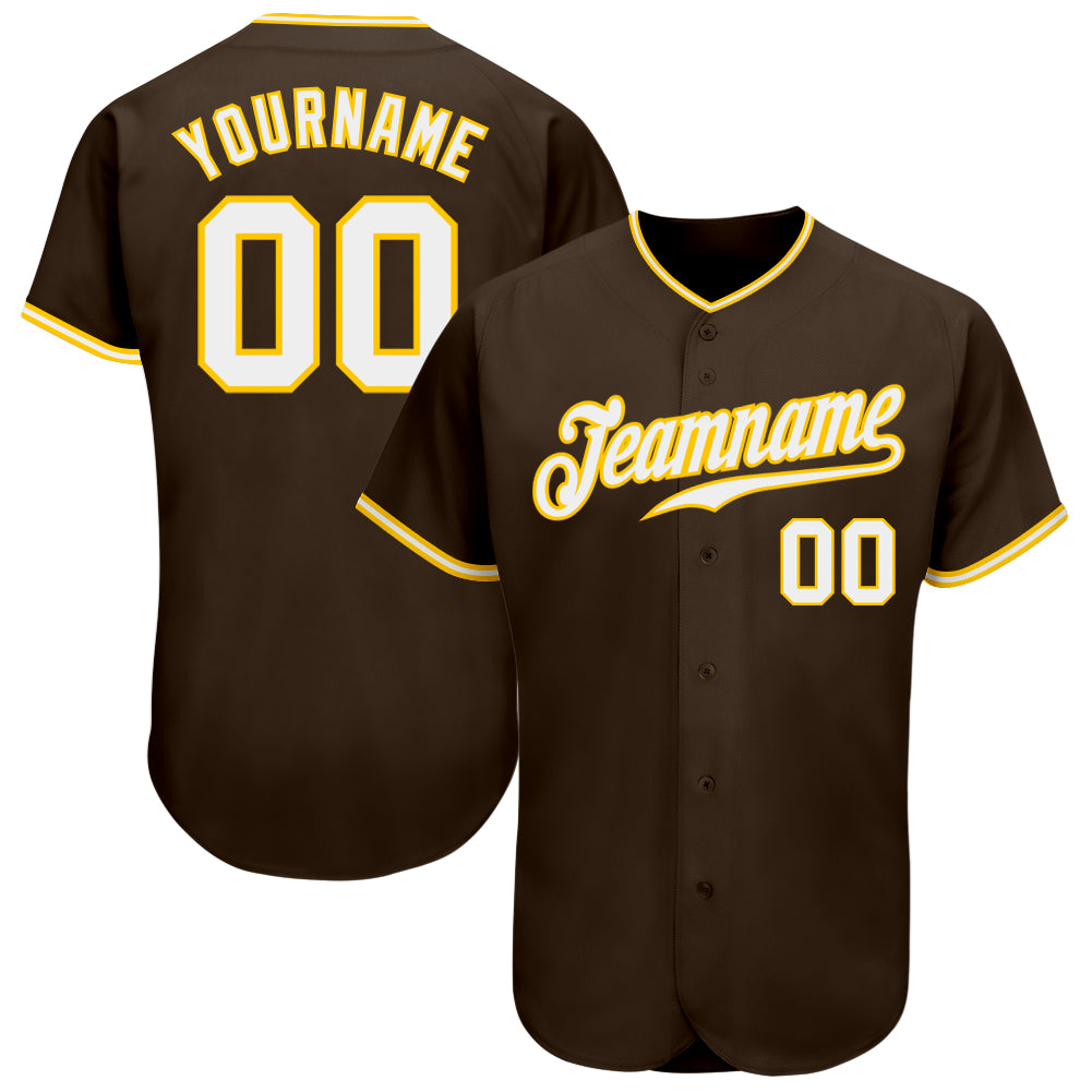 Custom Name and Number Personalized Authentic Baseball Jersey - Brown and White Gold Design Personalized Brown White-Gold