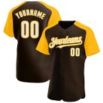 Custom Name and Number Baseball Jersey in Brown White-Gold - Authentic Raglan Sleeves Design Personalized Brown White-Gold