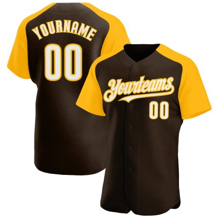 Custom Name and Number Baseball Jersey in Brown White-Gold - Authentic Raglan Sleeves Design Personalized Brown White-Gold