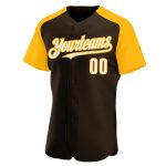Custom Name and Number Baseball Jersey in Brown White-Gold - Authentic Raglan Sleeves Design Personalized Brown White-Gold
