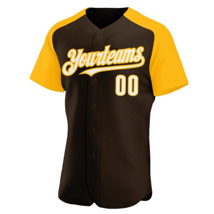 Custom Name and Number Baseball Jersey in Brown White-Gold - Authentic Raglan Sleeves Design Personalized Brown White-Gold