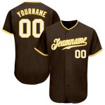 Personalized Brown White Gold Baseball Jersey for Men and Women, Customizable Sports Apparel Personalized Brown White-Gold