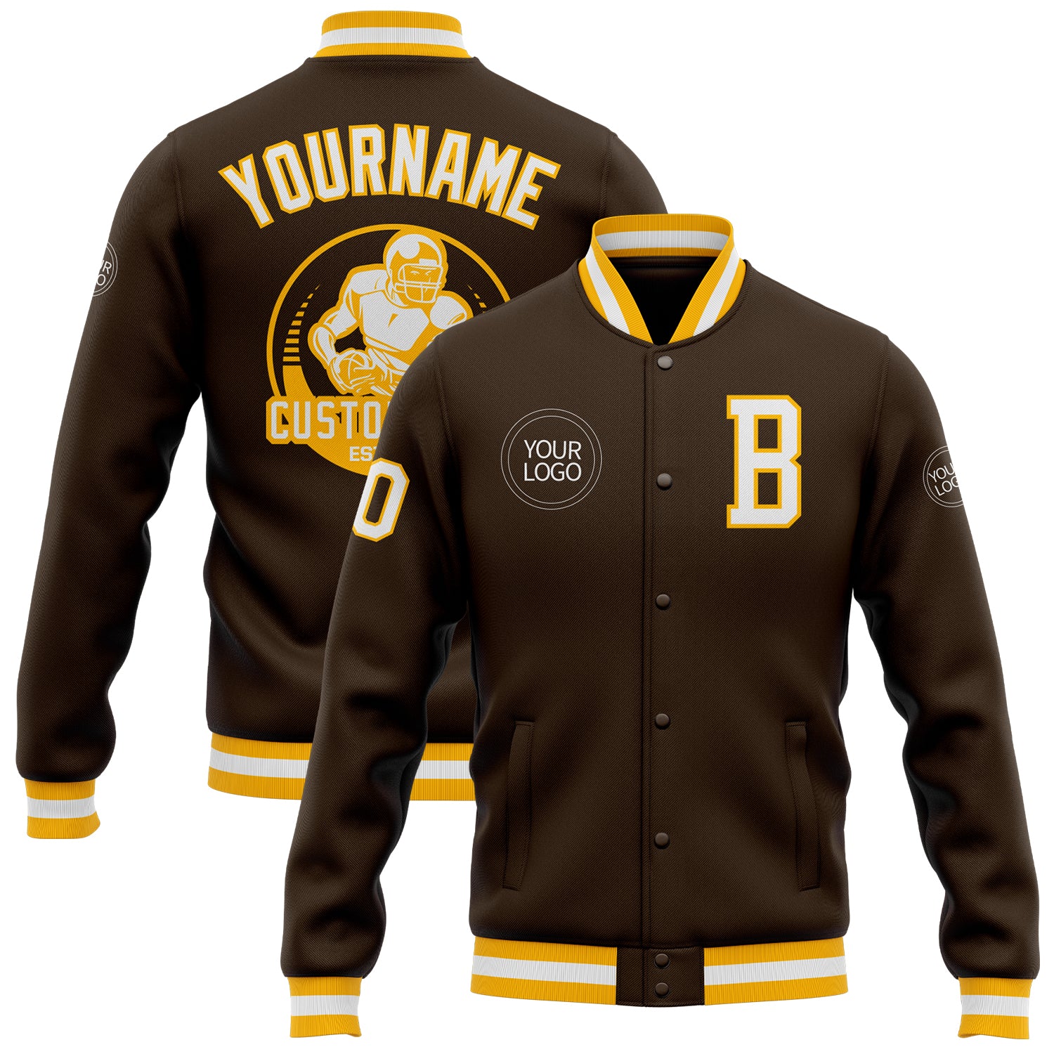 Personalized Brown White Gold Varsity Letterman Bomber Jacket Full-Snap 2 Personalized Brown White-Gold Bomber Full-Snap