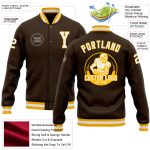 Personalized Bomber Jacket in Brown and White-Gold, Full-Snap Varsity Letterman Style Personalized Brown White-Gold Bomber