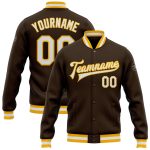 Personalized Varsity Letterman Jacket Brown White Gold Full-Snap Bomber Personalized Brown White-Gold Bomber Full-Snap Varsity