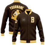 Personalized Bomber Jacket in Brown and White-Gold, Full-Snap Varsity Letterman Style Personalized Brown White-Gold Bomber