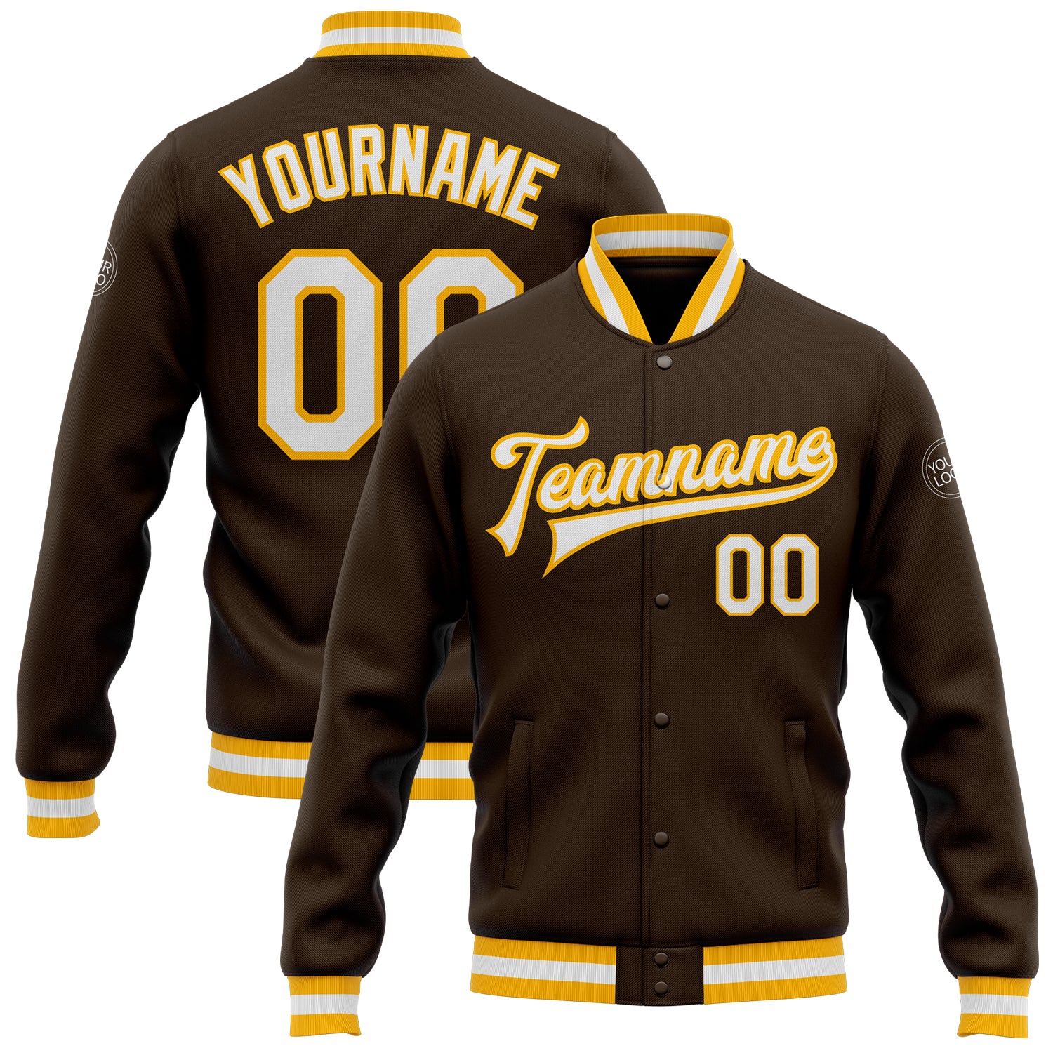 Custom Team Name Number Bomber Jacket Brown White Gold Full-Snap Varsity Letterman Personalized Brown White-Gold Bomber Full-Snap