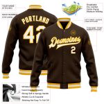 Custom Team Name Number Bomber Jacket Brown White Gold Full-Snap Varsity Letterman Personalized Brown White-Gold Bomber Full-Snap