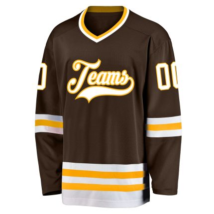 Personalized Hockey Jersey in Brown and White with Gold Accents - Custom Sports Apparel Personalized Brown White-Gold Hockey