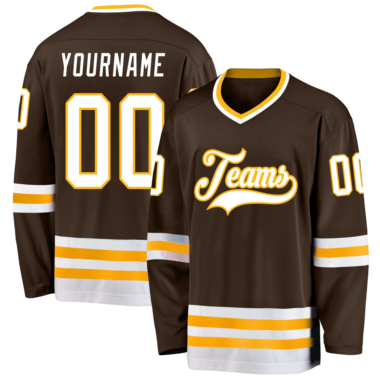Personalized Brown White-Gold Hockey Jersey Team Custom Name and Number Custom Personalized Hockey Jersey with Team Name and Number - Brown White Gold Personalized Brown White-Gold Hockey Jersey - Image 1