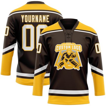 Personalized Brown and White Gold Hockey Lace Jersey - Customizable Neck Design Personalized Brown White-Gold Hockey Lace