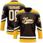 Personalized Brown and White Gold Hockey Lace Jersey - Customizable Neck Design Personalized Brown White-Gold Hockey Lace