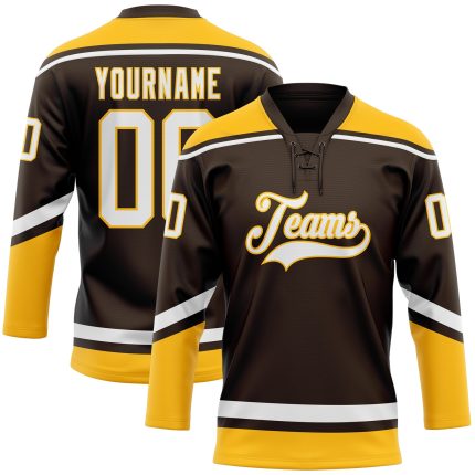 Personalized Brown and White Gold Hockey Lace Jersey - Customizable Neck Design Personalized Brown White-Gold Hockey Lace