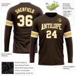 Custom Team Performance T-Shirt with Personalized Name & Number in Brown White-Gold Long Sleeve Personalized Brown White-Gold
