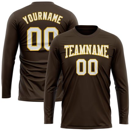 Custom Team Performance T-Shirt with Personalized Name & Number in Brown White-Gold Long Sleeve Personalized Brown White-Gold