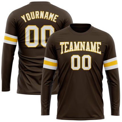 Personalized Long Sleeve Performance T-Shirt in Brown and White-Gold Personalized Brown White-Gold Long Sleeve Performance