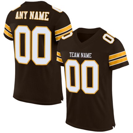 Custom Personalized Authentic Football Jersey with Name and Number - Brown White Gold Mesh Design Personalized Brown White-Gold