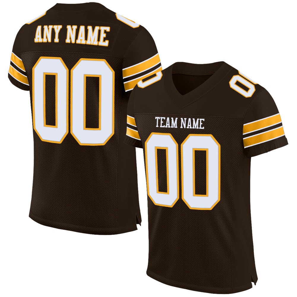 Custom Personalized Authentic Football Jersey with Name and Number - Brown White Gold Mesh Design Personalized Brown White-Gold