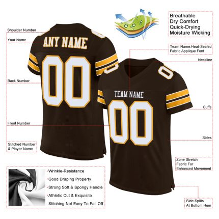 Custom Personalized Authentic Football Jersey with Name and Number - Brown White Gold Mesh Design Personalized Brown White-Gold