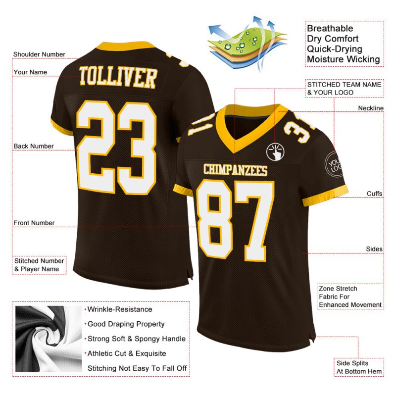 Personalized Brown and White Gold Football Jersey Mesh 2 Customize Your Own Sportswear Personalized Brown White-Gold Mesh