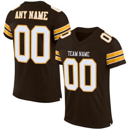 Personalized Brown White Gold Football Jersey Mesh Athletic Wear Personalized Brown White-Gold Mesh Football Jersey
