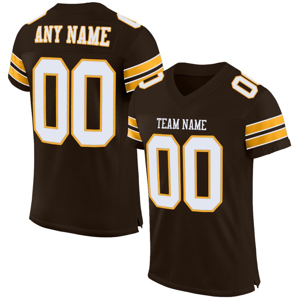 Personalized Brown White Gold Football Jersey Mesh Athletic Wear Personalized Brown White-Gold Mesh Football Jersey